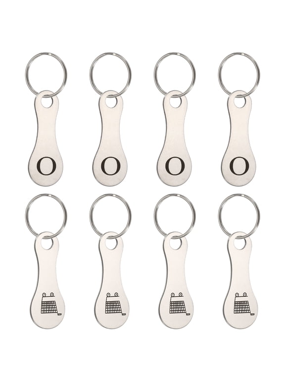 8 Pcs Stainless Steel Shopping Trolley Token, Metal Quarter Holder Keychain Bulk Shopping Key Ring for Supermarket Shops, Silver Tone, Engraved Letter O & Pattern Grocery Cart