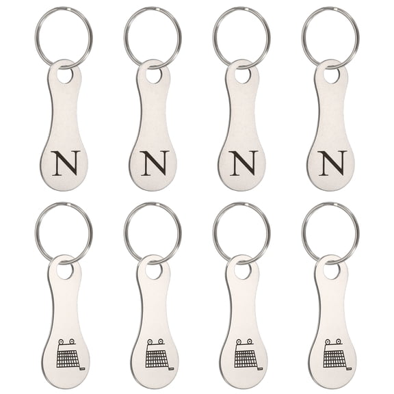 Uxcell 8 Pcs Stainless Steel Shopping Trolley Token, Metal Quarter Holder Keychain Bulk Shopping Key Ring for Supermarket Shops, Silver Tone, Engraved Letter N & Pattern Grocery Cart