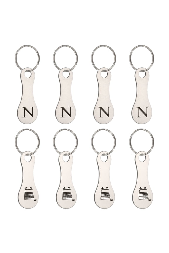 8 Pcs Stainless Steel Shopping Trolley Token, Metal Quarter Holder Keychain Bulk Shopping Key Ring for Supermarket Shops, Silver Tone, Engraved Letter N & Pattern Grocery Cart