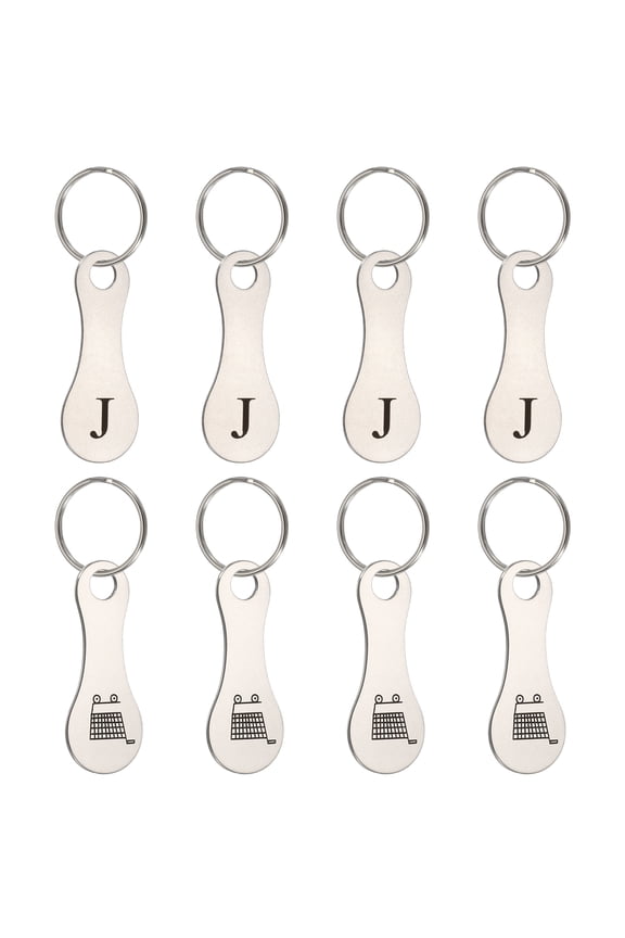 8 Pcs Stainless Steel Shopping Trolley Token, Metal Quarter Holder Keychain Bulk Shopping Key Ring for Supermarket Shops, Silver Tone, Engraved Letter J & Pattern Grocery Cart