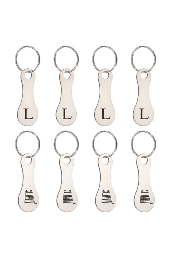 8 Pcs Stainless Steel Shopping Trolley Token, Metal Quarter Holder Keychain Bulk Shopping Key Ring for Supermarket Shops, Silver Tone, Engraved Letter L & Pattern Grocery Cart