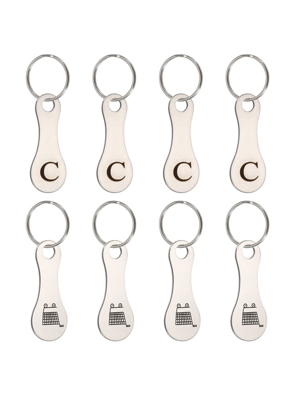 8 Pcs Stainless Steel Shopping Trolley Token, Metal Quarter Holder Keychain Bulk Shopping Key Ring for Supermarket Shops, Silver Tone, Engraved Letter C & Pattern Grocery Cart