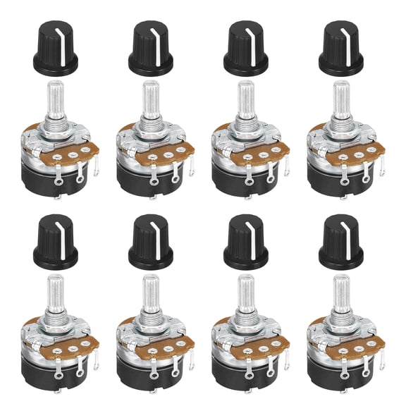 Uxcell 8 Set 100K Ohm Rotary Potentiometers, WH138 3 Pin Single Turn Linear Taper Variable Resistor Potentiometer with Switch 15mm Black Plastic Knob Cap for Inverter Speed Regulation