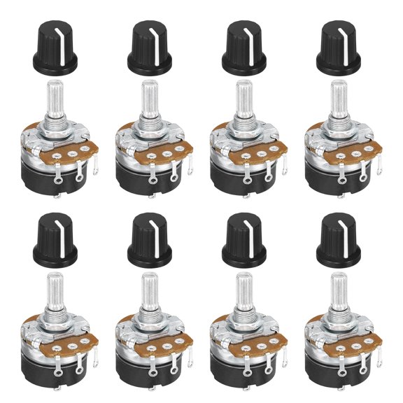 Uxcell 8 Set 500K Ohm Rotary Potentiometers, WH138 3 Pin Single Turn Linear Taper Variable Resistor Potentiometer with Switch 15mm Black Plastic Knob Cap for Inverter Speed Regulation