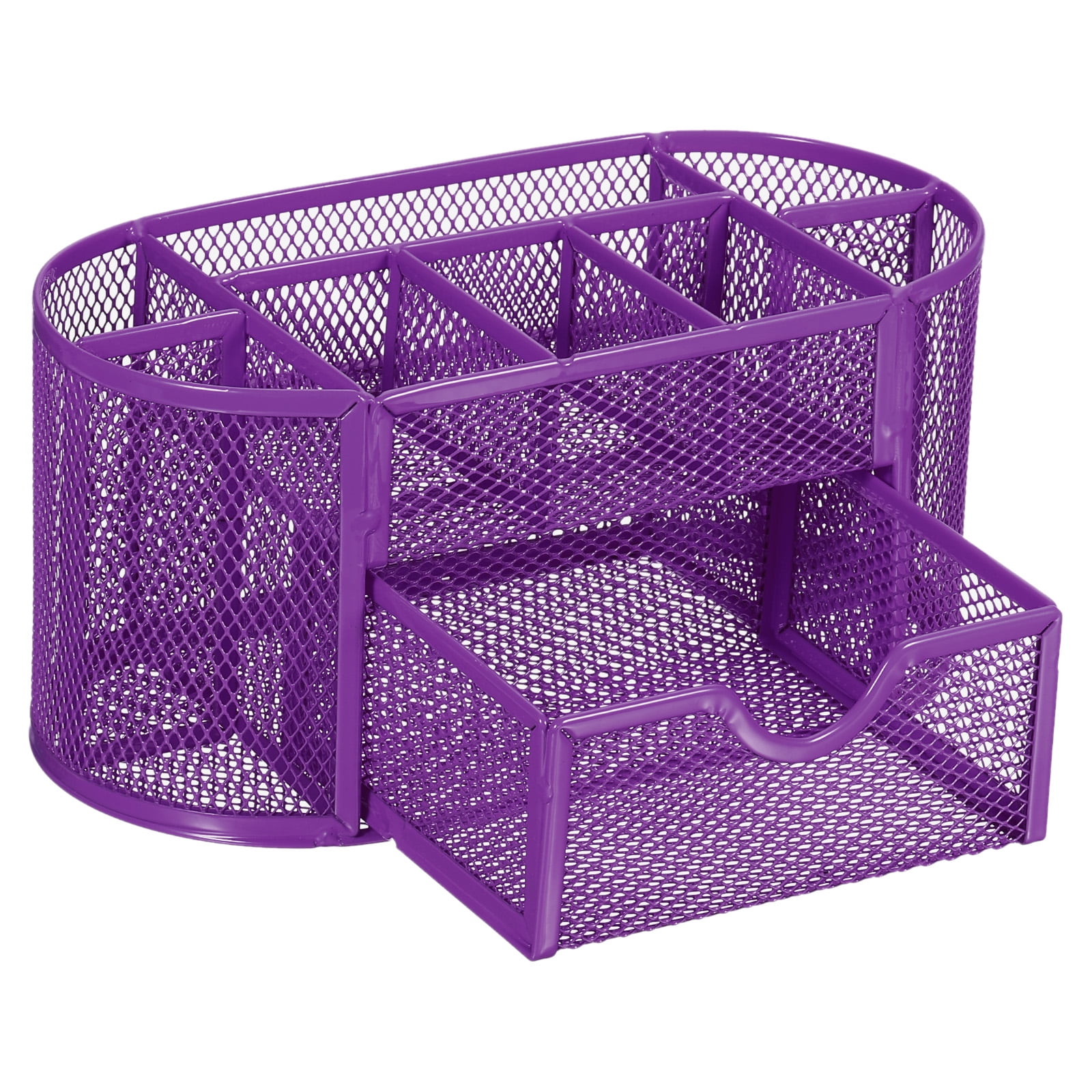 Uxcell 8Slot and 1 Drawer Metal Oval Desktop Organizer Pen Holder, Purple
