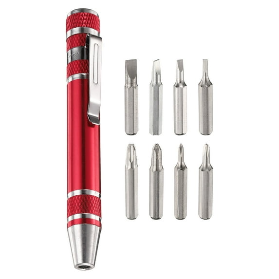 Uxcell 8 in 1 Mini Pocket Pen Screwdriver Set Small Magnetic Screw Driver with Phillips and Flat Head Bits, Red