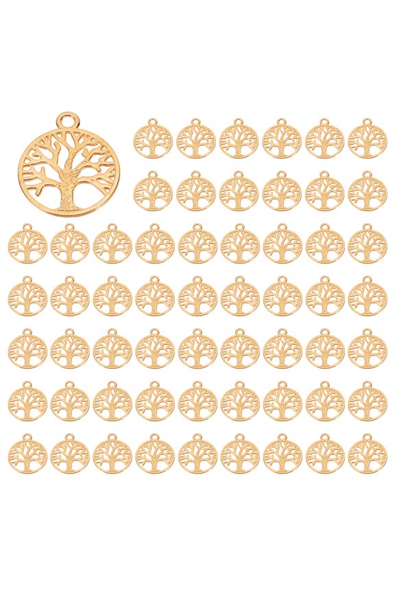 80 Pcs Metal Tree Bead Charm Tree of Life Charm Pendant, Light Gold, 0.9 x 0.8 Inch