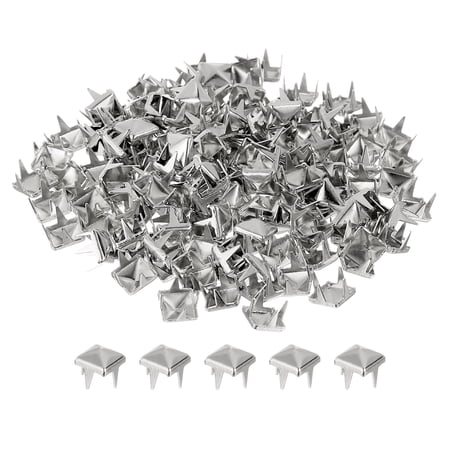 Uxcell 80Pcs Square Pyramid Rivets, 5mm Four-Jaw Studs Spikes, Copper Punk Rock Nailhead Spots (Silver)