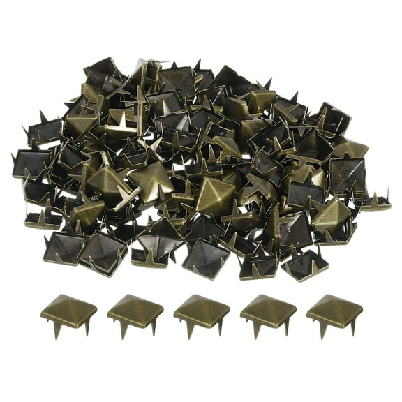 Uxcell 80Pcs Square Pyramid Rivets, 9mm Four-Jaw Studs Spikes, Copper Punk Rock Nailhead Spots (Bronze)