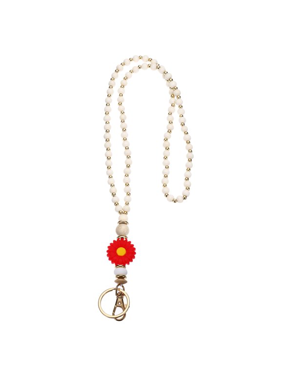 Wood Beaded Lanyard, Cute Sunflower Wooden Beaded Lanyard for ID Badges Keychain Women Office Workers Teachers Red