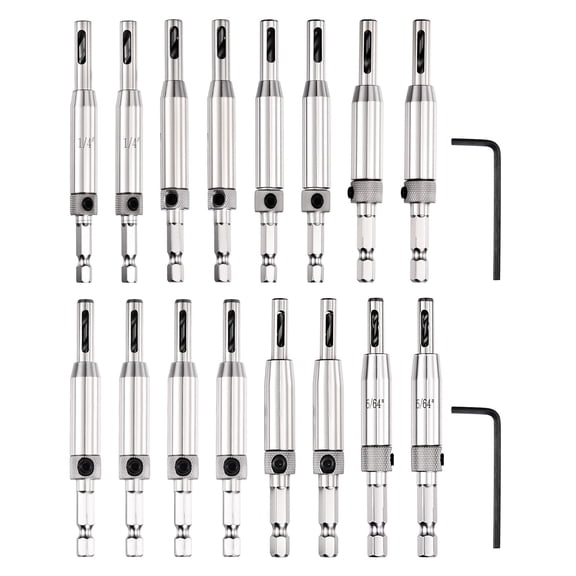 Uxcell 8Pcs 1/4" 5mm 13/64" 11/64" 9/64" Self Centering Drill Bit Set 1/4" Hex Shank Self Centering Hinge Tapper Core Drill Bit with Wrench for Woodworking Window Door, Silver