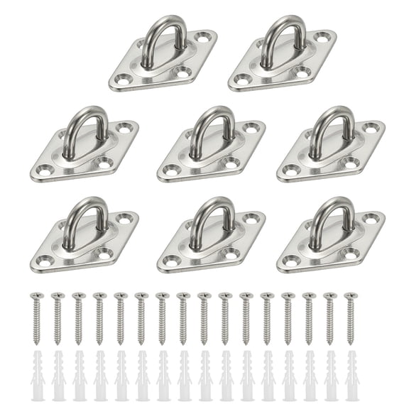 8Pcs 304 Stainless Steel Ceiling Hooks, Rhombus Pad Eyes Plate Metal Wall Mount U Ceiling Hook with Screws for Hanging Ropes Post Queue Line Barrier, Silver