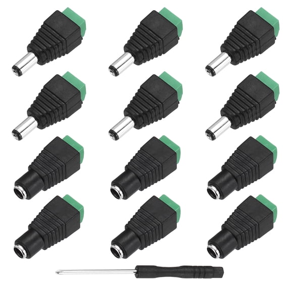 12Pcs DC Power Connector, 5.5 x 2.1mm DC Power Jack Plug Adapter, Black DC Male and Female Plug for CCTV Security Camera, LED Strip(Includes Screwdriver)