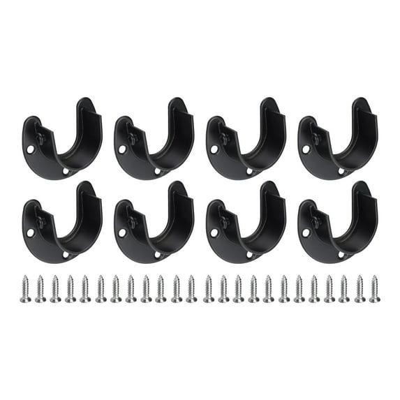 Uxcell 8Pcs Stainless Steel Closet Rod Brackets, 1.25inch Dia U-Shaped Open Type Wardrobe Holder with Screws, Shower Curtain Rod Pole End Supports Sockets Flange, Black