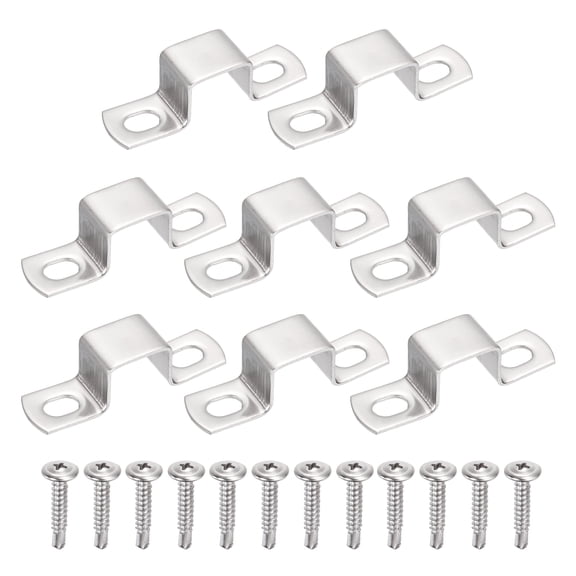 Uxcell 8Pcs U Shape Square Tube Clamp, 25x25mm U Shaped Bracket 304 Stainless Steel Square Strap Clamp with Phillips Head Self Drilling Screws for Pipes Door Closed Bar Holder Railings