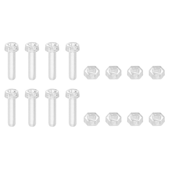 Uxcell 8Set Clear Acrylic Screws Kit, M4 x 16mm Round Head Phillips Bolts with Hex Nuts, Bolts and Nuts Kit for Machine Accessories Electronic Equipment DIY Crafts