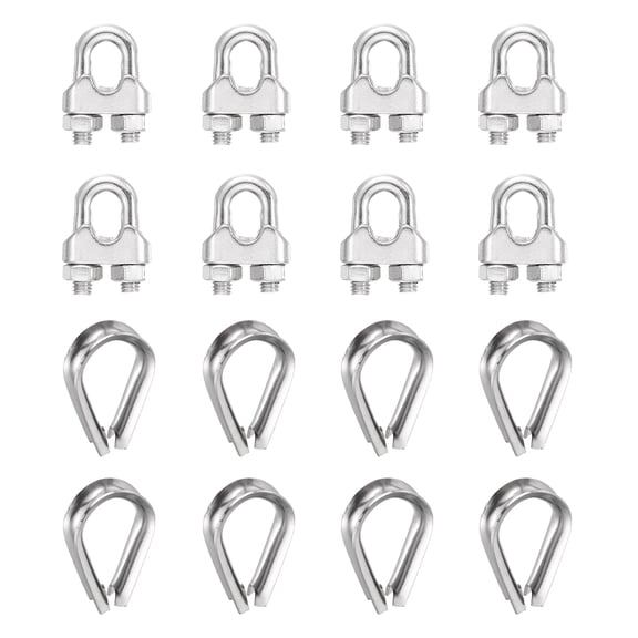 Uxcell 8Set Wire Rope Cable Clip Clamps 1/4 Inch M6 Small 304 Stainless Steel U Bolt Saddle Fasteners Hardware with Thimble for Secure Rigging Marine Guy Line Fence Clothesline, Silver