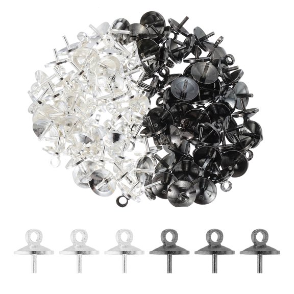 Uxcell 8mm Cup Eye Pins, 120 Pcs Screw Eye Pins Pearl Pegs Bail Pendant with Cap, Silver Tone/Black