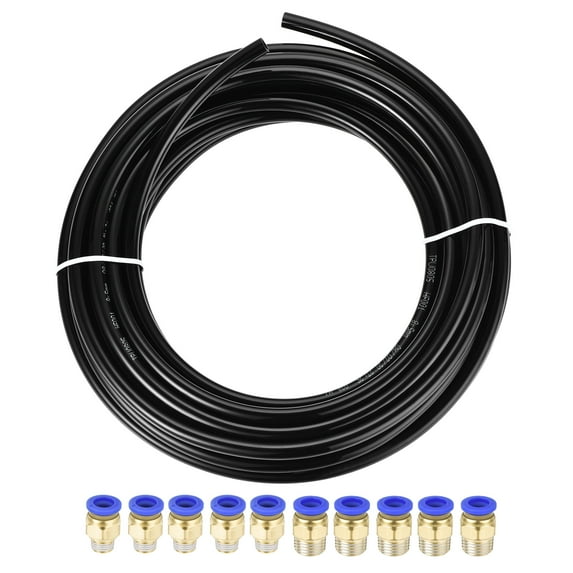 Uxcell 8mm OD PU Air Hose Tubing Kit 10 Meters Black with 10 Pcs Fittings