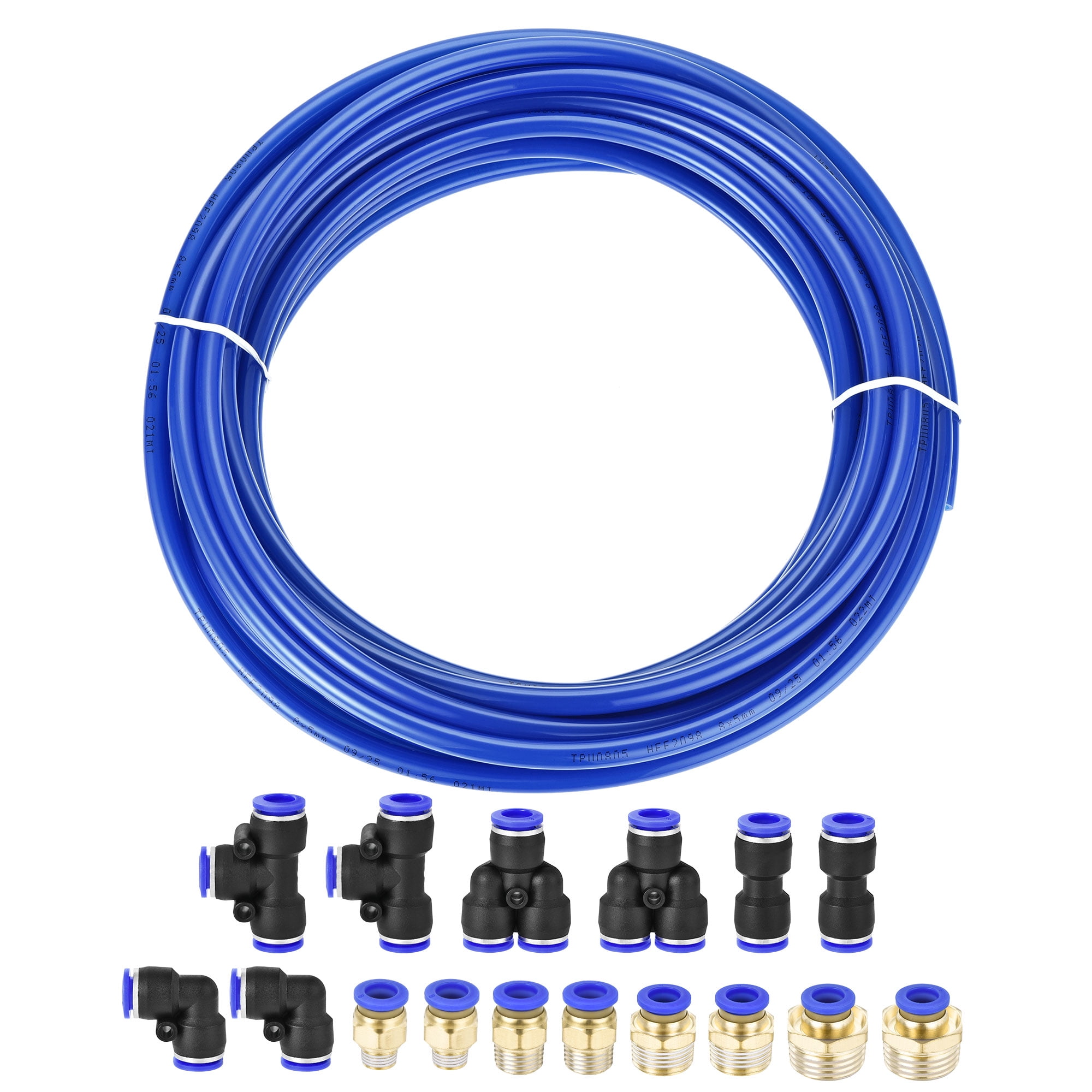 Uxcell 8mm OD PU Air Hose Tubing Kit 10 Meters Blue with 16 Pcs Fittings