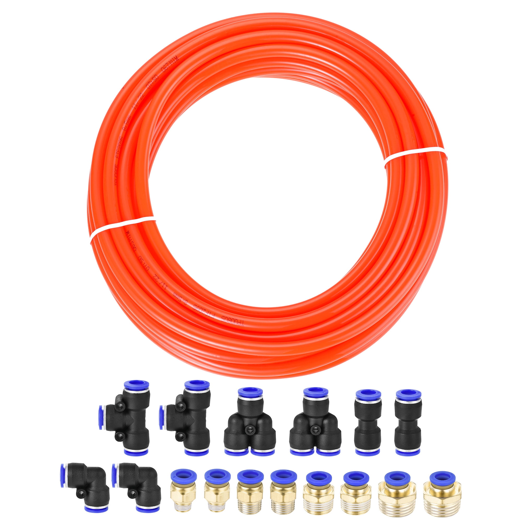Uxcell 8mm OD PU Air Hose Tubing Kit 10 Meters Orange with 16 Pcs Fittings
