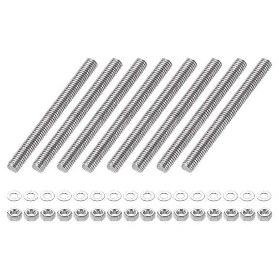 Uxcell 8pack Fully Threaded Rod, M5 x 50mm 201 Stainless Steel Right Hand Threads Rods with Nuts and Flat Washer Fully Studding Rod Bar for Clamps, Hangers and U-Bolts