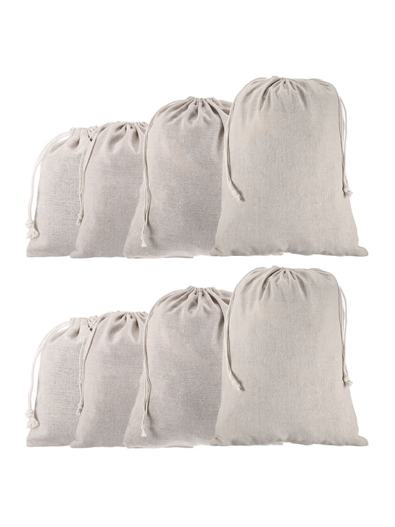 8pcs Cotton Storage Bags Canvas Drawstring Bag, Beige