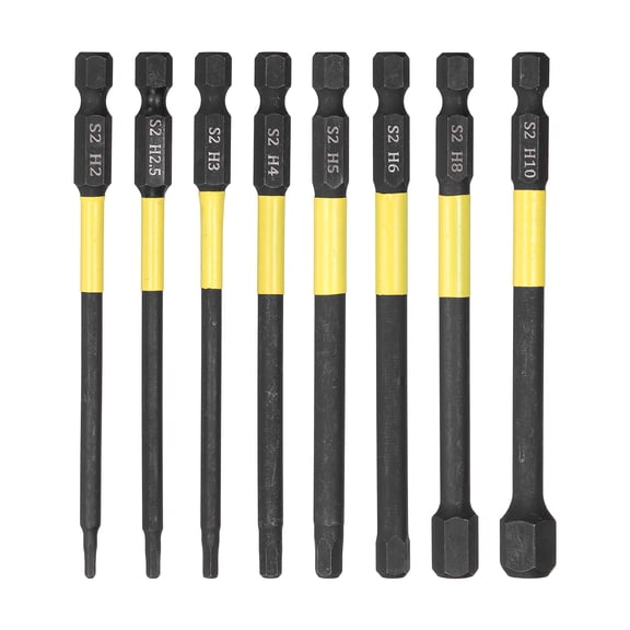 Uxcell 8pcs Hex Head Wrench Drill Bit H2-H10 1/4" Hex Shank 4"(100mm) Length S2 Steel Magnetic Hexagon Impact Drivers Metric Screwdriver Bit, Black-Yellow
