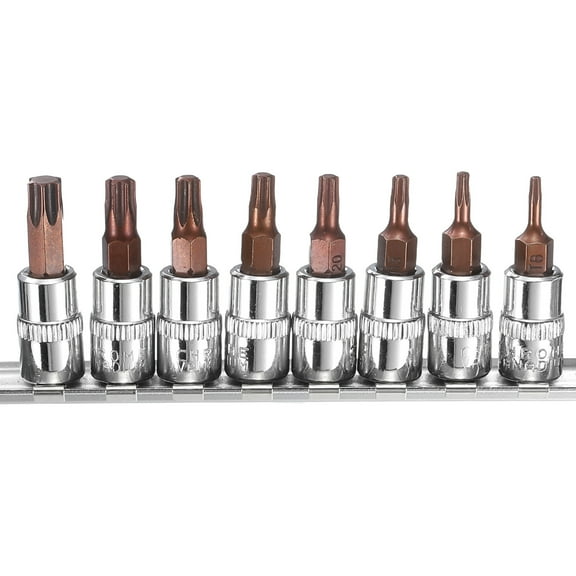 Uxcell 8pcs T8-T40 Torx Bit Socket Set 1/4" Square Drive Star 6 Point Extension Impact Bit Power Nut Driver Set S2 & CR-V Steel Socket Ratchet Wrench Bits, Silver Red