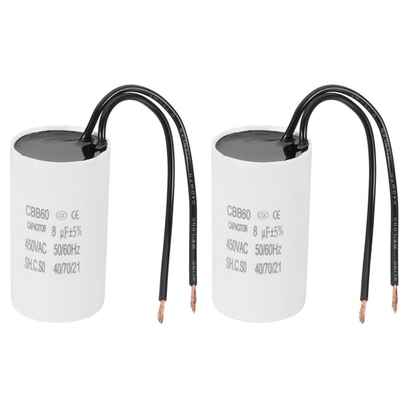 Uxcell 8uF CBB60 Running Capacitor, 2 Pcs Run Capacitor with 2 Wires, AC 450V Start Up Motor with Frequency of 50Hz/60Hz, Suitable for Air Compressors Pumps, White