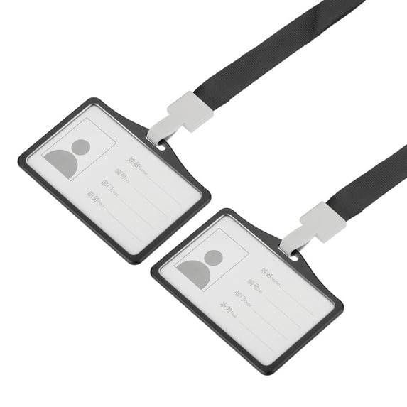 Uxcell 9.2x6.5cm Horizontal Aluminum Badge Holders with Plastic Hook Lanyard Black 2Pack