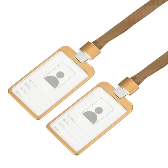 Uxcell 9.5x5.8cm Vertical Aluminum Badge Holders with Flat Clip Lanyard Gold Tone 2Pack