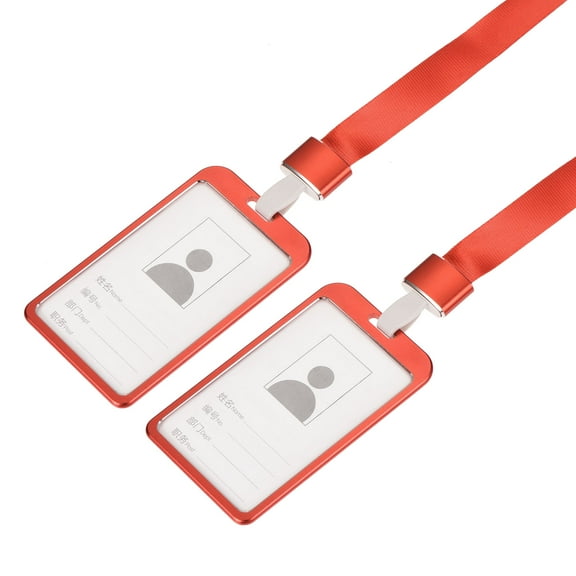 Uxcell 9.5x5.8cm Vertical Aluminum Badge Holders with Metal Hook Lanyard Red 2Pack