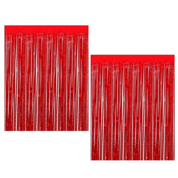 Uxcell 9.8 Ft x 3.3 Ft Tinsel Foil Fringe Backdrop Curtains, 2 Pack PET Film Metallic Decor Photo Backdrop, Red