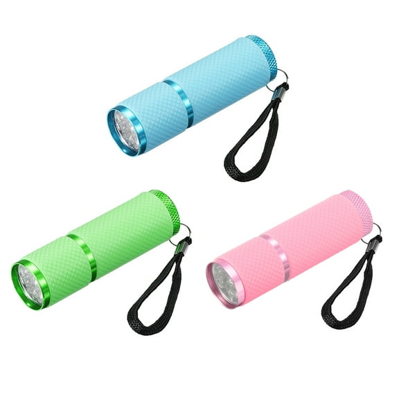 Uxcell 9 LED Glow in Dark Flashlights, 3 Pcs Mini Flashlight Rubber Coated Flashlight with Strap (Blue, Pink, Green)
