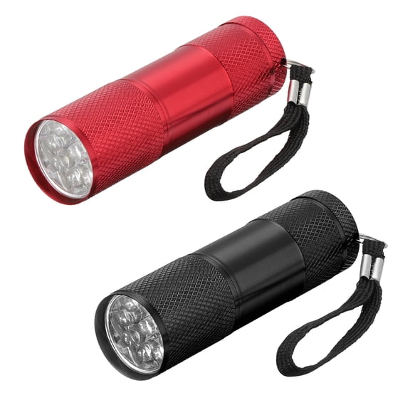 Uxcell 9 LED Mini Flashlights, 2 Pcs Aluminum Pocket Flashlight Torch with Lanyard for Camping, Hiking (Black, Red)