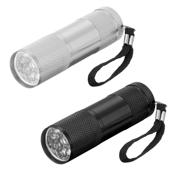 Uxcell 9 LED Mini Flashlights, 2Pcs Aluminum Pocket Flashlight Torch with Lanyard for Camping (Black, Silver Tone)