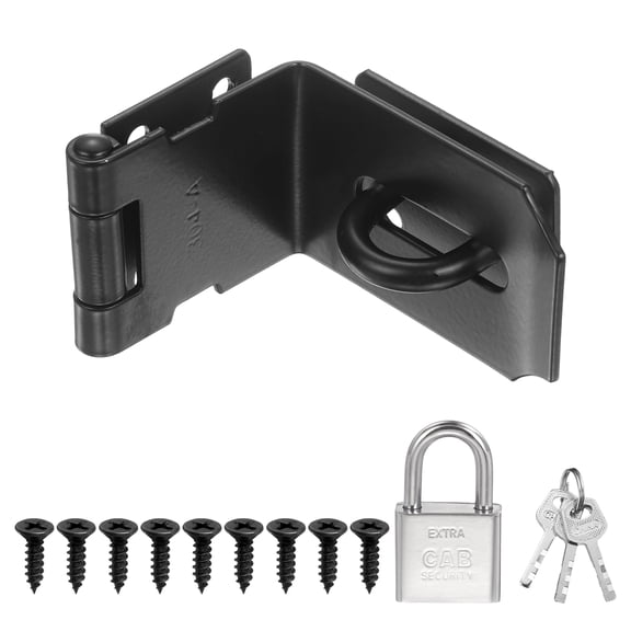 Uxcell 90 Degree Door Lock 4" 201 Stainless Steel Black, Right Angle Hasp Latch,Smooth Edges,Includes Padlock 9 Screws,for Cabinet Gate Garage Door Barn Workshop
