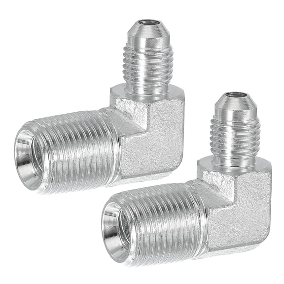 Uxcell 90 Degree Pipe Adapter, 2 Pcs 7/16" Male 37° Flare JIC x 3/8" BSPT Male Connector Carbon Steel Elbow Fitting for Air Hydraulic Fluid Fuel Water Oil, Silver