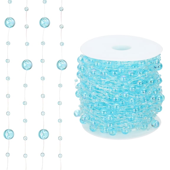 Uxcell 98 Feet Artificial Pearl String, Faux Pearl Beads Fishing Line String Beads Chain Vases Filler for Floating Candle Wedding Centerpiece Party Decoration, Iridescent Light Blue
