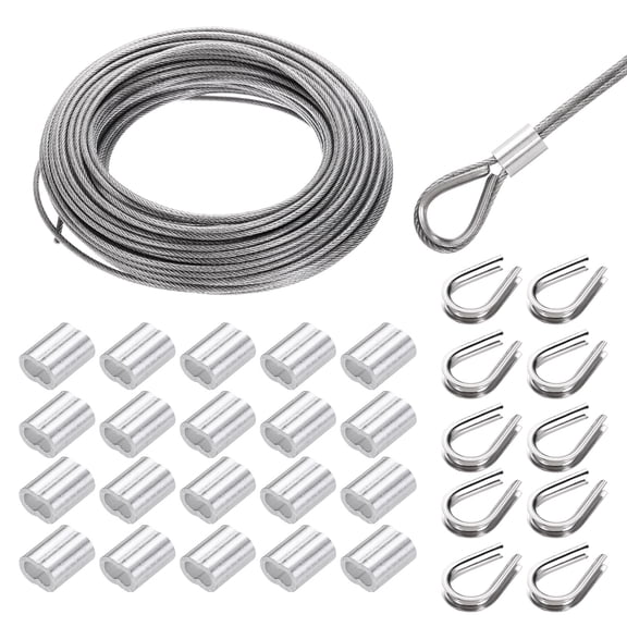 Uxcell 98FT Stainless Steel Cable Kit, 1/8" Silver 7x7 Strand Wire Rope with Loop Sleeves for Outdoor Deck Fence Wire