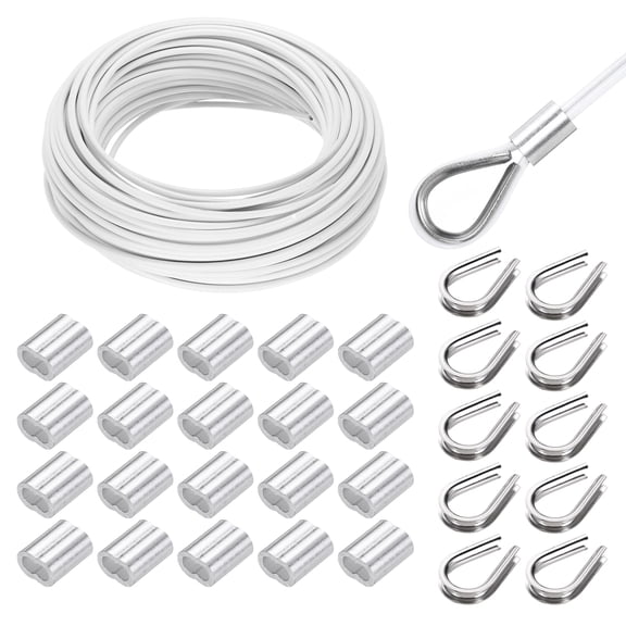 Uxcell 98FT Stainless Steel Cable Railing Kit, 1/8" Vinyl Coated 7x7 Strand Wire Rope with Loop Sleeves and Thimbles White