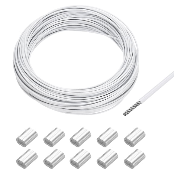 Uxcell 98Ft Wire Rope 304 Stainless Steel Cable 1/16" Vinyl Coated with 10Pcs Aluminum Sleeves White