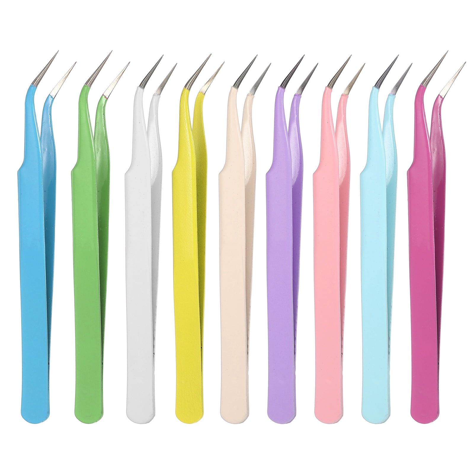 Uxcell 9Pcs Curved Pointed Craft Tweezers with Protective Cover, Anti-Static Stainless Steel Precision Tweezers Casual Beauty Tools for Eyelash Extensions, 9 Colors
