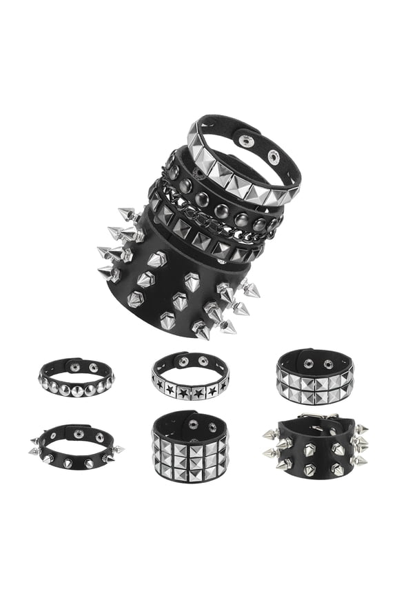 9Pcs Rock Punk Studded Leather Bracelet Set, 8.7"/22cm Goth Spiked Cuff Wristband Adjustable Bracelets for Halloween Party Favors Emo Grunge Accessories, Black