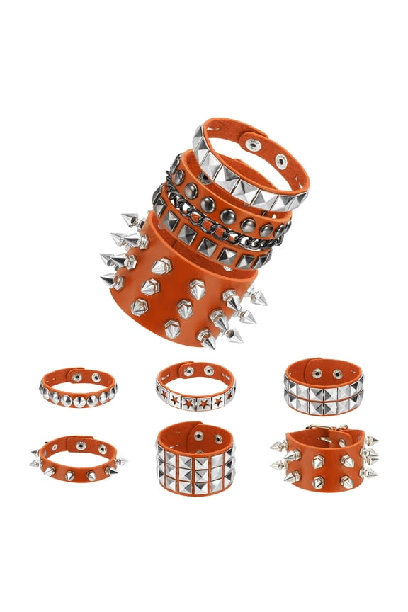 9Pcs Rock Punk Studded Leather Bracelet Set, 8.7"/22cm Goth Spiked Cuff Wristband Adjustable Bracelets for Halloween Party Favors Emo Grunge Accessories, Orange