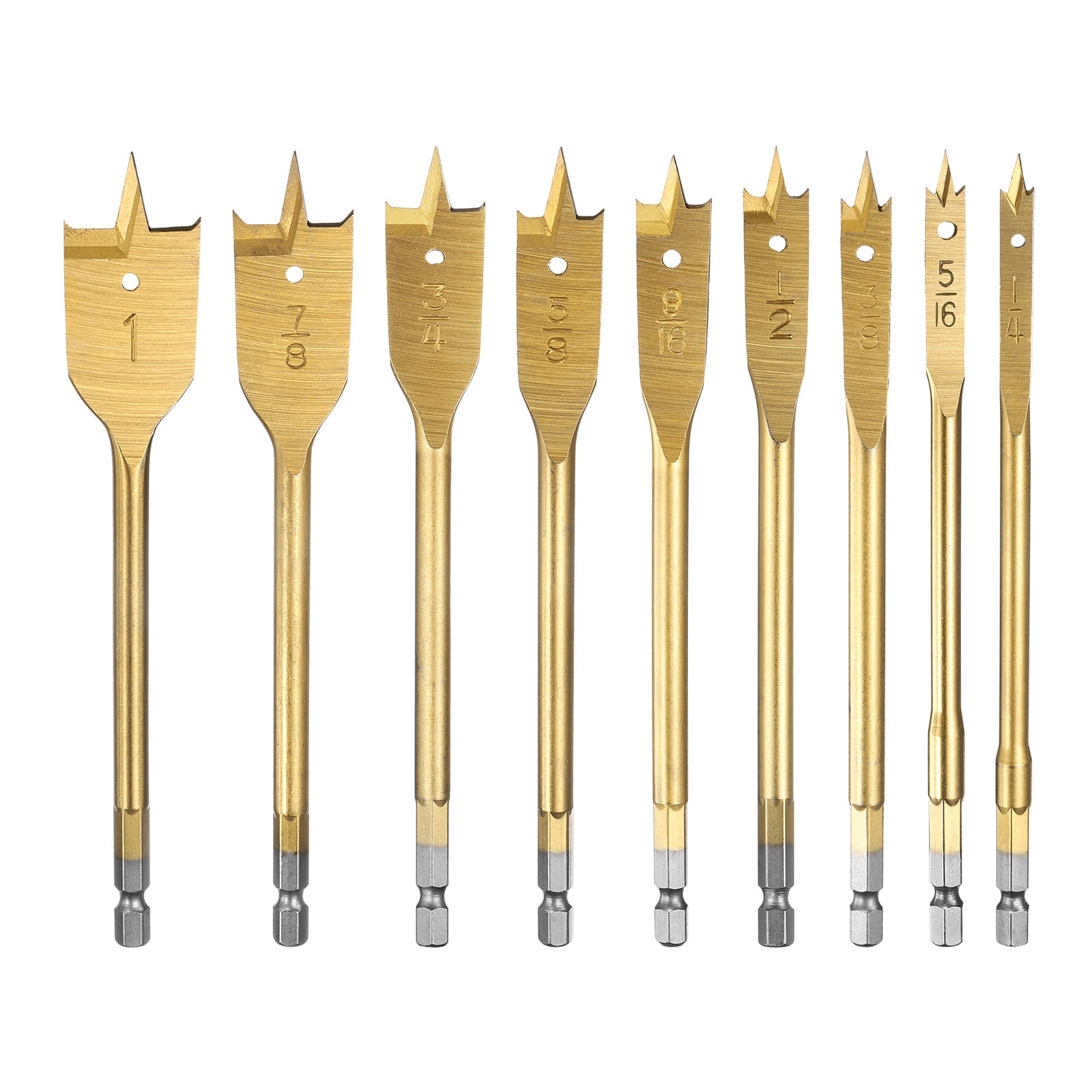 Uxcell 9Pcs Spade Drill Bit Set with Quick Change 1/4 Inch Hex Shank Gold Tone