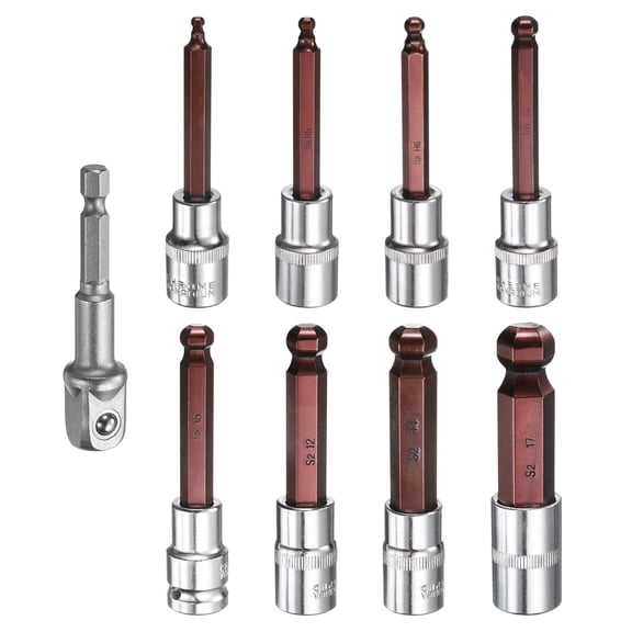 Uxcell 9pcs 4/5/6/8/10/12/14/17mm Ball End Hex Bit Socket 1/2" Square Drive Metric Extension Impact Bit Power Nut Driver Set S2 & CR-V Steel Socket Ratchet Wrench Bits