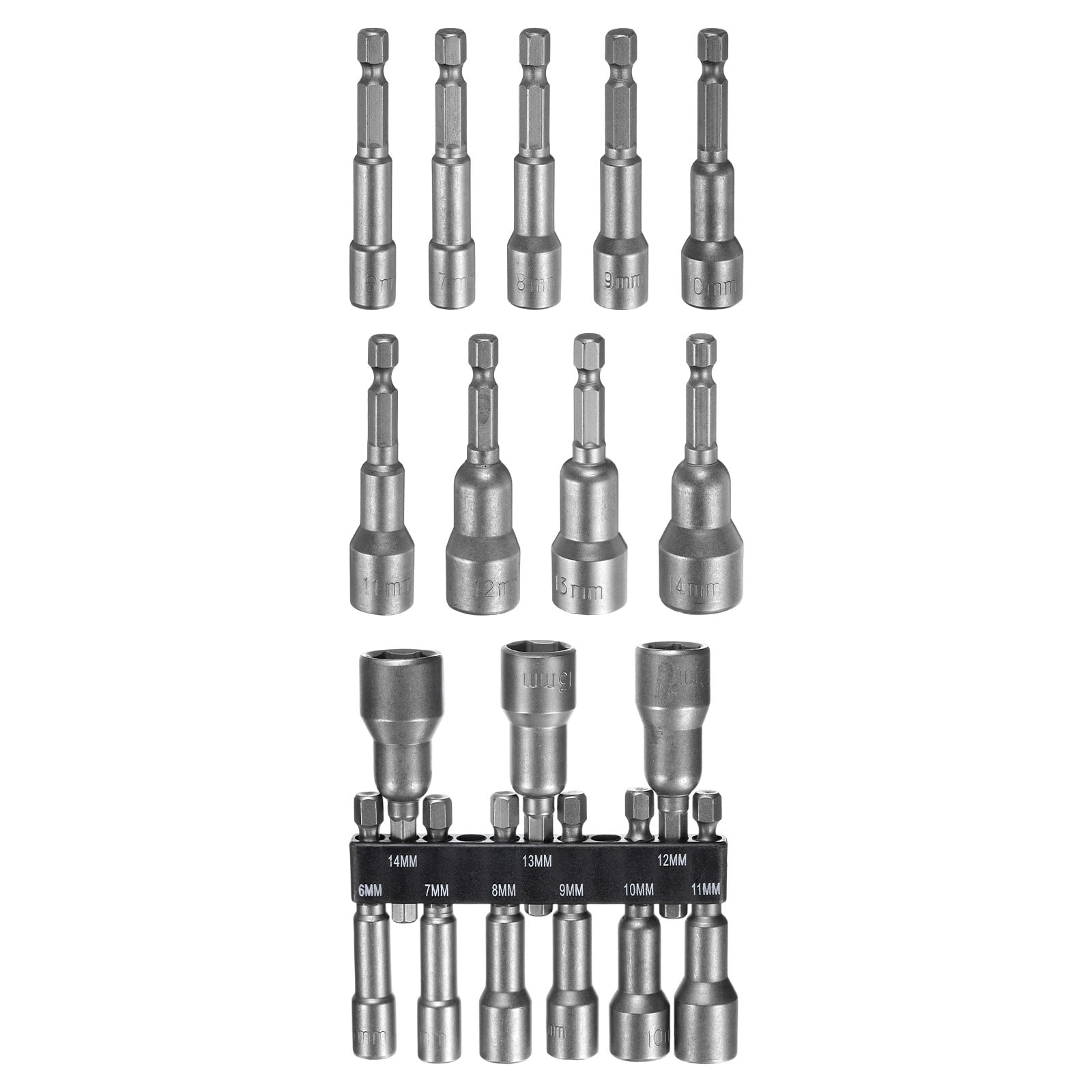 Uxcell 9pcs Hex Nut Driver Drill Bit 6/7/8/9/10/11/12/13/14mm 6-Point Drill Socket 1/4" Hex Shank 65mm Length Nut Setter Quick-Change Nut Impact Driver Bit Set with Bit Holder