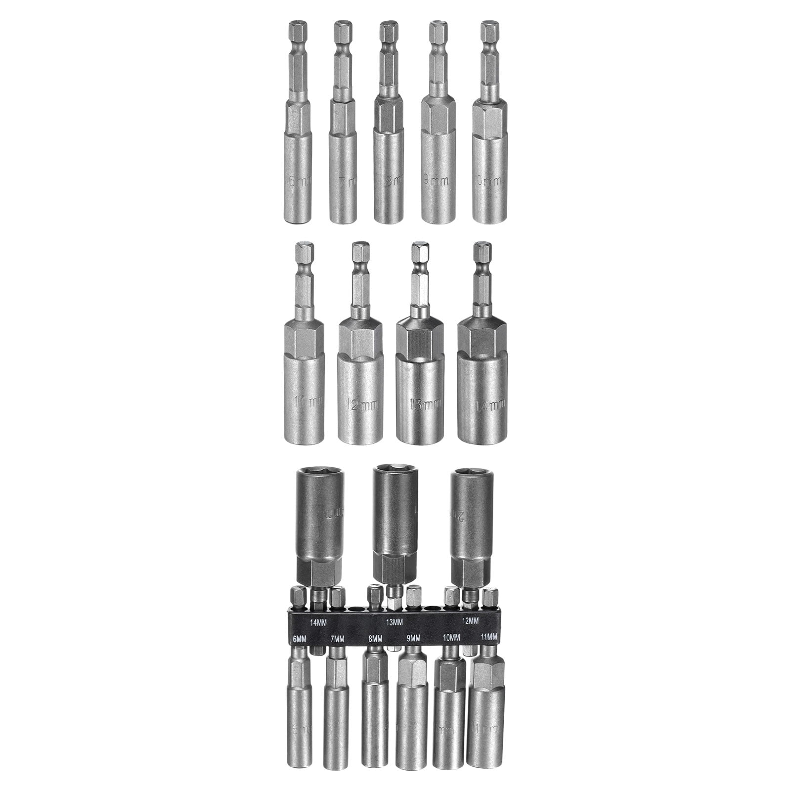 Uxcell 9pcs Hex Nut Driver Drill Bit 6/7/8/9/10/11/12/13/14mm 6-Point Drill Socket 1/4" Hex Shank 80mm Length Nut Setter Quick-Change Nut Impact Driver Bit Set with Bit Holder
